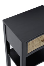 Rocco Bedside Table. Rattan bedside table. Black bedside table. Nordic nightstand. Modern rattan furniture. Sustainable bedside table. One drawer nightstand. Textured drawer table. Contemporary bedroom furniture. Minimalist nightstand. Organic modern design.