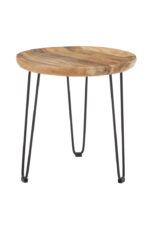 Bayur Mango Wood Side Table. Mango wood furniture. Round wood table. Black iron legs. Modern side table. Sustainable furniture. Rustic accent table. Industrial wood table. Compact side table. Scandinavian furniture. Eco-friendly wood table.