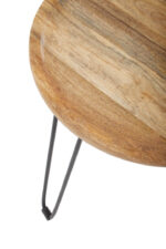 Bayur Mango Wood Side Table. Mango wood furniture. Round wood table. Black iron legs. Modern side table. Sustainable furniture. Rustic accent table. Industrial wood table. Compact side table. Scandinavian furniture. Eco-friendly wood table.