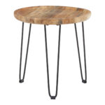 Bayur Mango Wood Side Table. Mango wood furniture. Round wood table. Black iron legs. Modern side table. Sustainable furniture. Rustic accent table. Industrial wood table. Compact side table. Scandinavian furniture. Eco-friendly wood table.