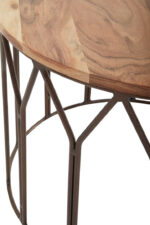 Bayur Mango Wood Round Side Table. Mango wood furniture. Round side table. Brown iron frame. Modern side table. Sustainable wood. Industrial accent table. Bohemian furniture. Scandinavian design. Natural wood finish. Eco-friendly table. Living room furniture.