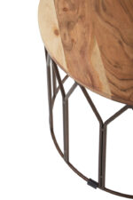 Bayur Mango Wood Round Side Table. Mango wood furniture. Round side table. Brown iron frame. Modern side table. Sustainable wood. Industrial accent table. Bohemian furniture. Scandinavian design. Natural wood finish. Eco-friendly table. Living room furniture.