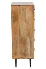 Bayur 5 Drawer Mango Wood Chest. Mango wood furniture. Chest of drawers. Black iron legs. Modern storage unit. Sustainable furniture. Industrial design. Bedroom storage. Contemporary chest. Rustic furniture. Scandinavian furniture. Natural wood finish.