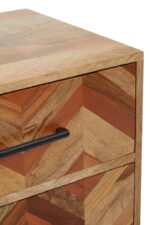 Bayur 5 Drawer Mango Wood Chest. Mango wood furniture. Chest of drawers. Black iron legs. Modern storage unit. Sustainable furniture. Industrial design. Bedroom storage. Contemporary chest. Rustic furniture. Scandinavian furniture. Natural wood finish.