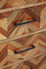 Bayur 5 Drawer Mango Wood Chest. Mango wood furniture. Chest of drawers. Black iron legs. Modern storage unit. Sustainable furniture. Industrial design. Bedroom storage. Contemporary chest. Rustic furniture. Scandinavian furniture. Natural wood finish.