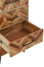 Bayur 5 Drawer Mango Wood Chest. Mango wood furniture. Chest of drawers. Black iron legs. Modern storage unit. Sustainable furniture. Industrial design. Bedroom storage. Contemporary chest. Rustic furniture. Scandinavian furniture. Natural wood finish.