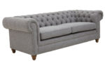 Nala 3 Seater Linen Sofa. Grey linen sofa. Button-tufted sofa. Scrolled arm sofa. Classic linen couch. Modern living room furniture. Elegant three-seater. Nailhead trim sofa. Comfortable padded sofa. Transitional design.