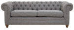 Nala 3 Seater Linen Sofa. Grey linen sofa. Button-tufted sofa. Scrolled arm sofa. Classic linen couch. Modern living room furniture. Elegant three-seater. Nailhead trim sofa. Comfortable padded sofa. Transitional design.