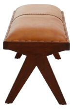 Cadenza Bench With Inverted Base. Tan leather bench. Teak wood base. Inverted V legs. Genuine leather upholstery. Nail head trim. Rustic modern bench. Luxury accent seating. Handcrafted furniture. Vintage-inspired design.