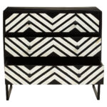 Casia 3 Drawer Chest. Bone inlay chest. Black wood furniture. Rhombus pattern drawers. White inlay detailing. Modern storage unit. Handcrafted luxury furniture. Contemporary sideboard. Global-inspired décor. Elegant bedroom storage.