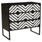 Casia 3 Drawer Chest. Bone inlay chest. Black wood furniture. Rhombus pattern drawers. White inlay detailing. Modern storage unit. Handcrafted luxury furniture. Contemporary sideboard. Global-inspired décor. Elegant bedroom storage.