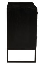 Casia 3 Drawer Chest. Bone inlay chest. Black wood furniture. Rhombus pattern drawers. White inlay detailing. Modern storage unit. Handcrafted luxury furniture. Contemporary sideboard. Global-inspired décor. Elegant bedroom storage.