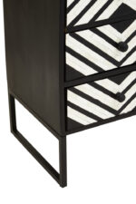 Casia 3 Drawer Chest. Bone inlay chest. Black wood furniture. Rhombus pattern drawers. White inlay detailing. Modern storage unit. Handcrafted luxury furniture. Contemporary sideboard. Global-inspired décor. Elegant bedroom storage.