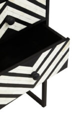 Casia 3 Drawer Chest. Bone inlay chest. Black wood furniture. Rhombus pattern drawers. White inlay detailing. Modern storage unit. Handcrafted luxury furniture. Contemporary sideboard. Global-inspired décor. Elegant bedroom storage.