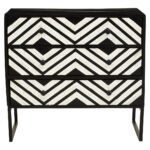 Casia 3 Drawer Chest. Bone inlay chest. Black wood furniture. Rhombus pattern drawers. White inlay detailing. Modern storage unit. Handcrafted luxury furniture. Contemporary sideboard. Global-inspired décor. Elegant bedroom storage.