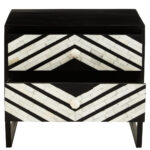 Casia Bedside Table. Bone inlay bedside table. White bone inlay furniture. Black wood base. Floral drawer grips. Modern nightstand. Handcrafted side table. Contemporary bedroom furniture. Global-inspired décor. Luxury accent table.
