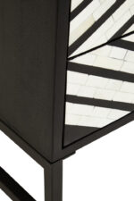 Casia Bedside Table. Bone inlay bedside table. White bone inlay furniture. Black wood base. Floral drawer grips. Modern nightstand. Handcrafted side table. Contemporary bedroom furniture. Global-inspired décor. Luxury accent table.