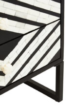 Casia Bedside Table. Bone inlay bedside table. White bone inlay furniture. Black wood base. Floral drawer grips. Modern nightstand. Handcrafted side table. Contemporary bedroom furniture. Global-inspired décor. Luxury accent table.