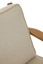 Zora Linen and Oak Armchair. Dark oak frame. Grey linen upholstery. Reclined armchair. Mid-century chair. Natural wood furniture. Modern rustic seating. Handcrafted oak chair. Comfortable accent chair. Timeless living room furniture.