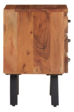 Zuri Acacia Bedside Table. Acacia wood furniture. Black metal legs. Industrial bedside table. Three drawer nightstand. Modern bedroom storage. Contemporary side table. Durable wooden furniture. Minimalist bedside unit. Natural wood design.