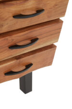 Zuri Acacia Bedside Table. Acacia wood furniture. Black metal legs. Industrial bedside table. Three drawer nightstand. Modern bedroom storage. Contemporary side table. Durable wooden furniture. Minimalist bedside unit. Natural wood design.