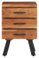 Zuri Acacia Bedside Table. Acacia wood furniture. Black metal legs. Industrial bedside table. Three drawer nightstand. Modern bedroom storage. Contemporary side table. Durable wooden furniture. Minimalist bedside unit. Natural wood design.