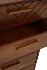 Zenith Chest of Drawers. Mango wood dresser. Bohemian furniture. Gold iron accents. Five drawer storage. Modern sideboard. Contemporary bedroom chest. Natural wood finish. Handcrafted furniture. Elegant boho design.