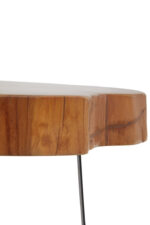 Milan Side Table. Teak wood furniture. Asymmetric top table. Renewable teak. Black cross base. Boho accent furniture. Rustic wood side table. Contemporary wooden design. Handcrafted teak table. Natural home décor.