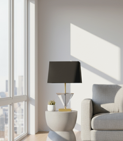 Alina Smoked Crystal Table Lamp. Triangular Crystal Lamp. Gold Metal Lamp. Black Shade Lamp. Geometric Table Lamp. Modern Accent Lamp. Luxury Table Lamp. Contemporary Lighting. Sleek Table Lamp. Living Room Lamp. Bedroom Lamp. Desk Lamp. Boutique Style Lamp. Designer Table Lamp. Sculptural Lamp. Ambient Lighting. Modern Home Accessory. Minimalist Lamp. Statement Table Lamp. Elegant Table Lamp.