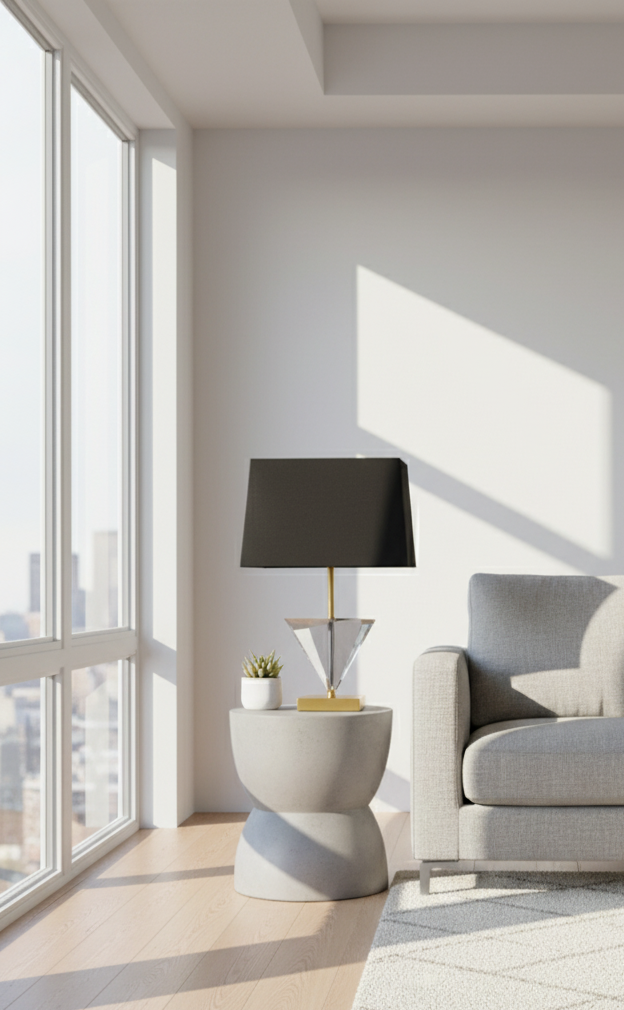 Alina Smoked Crystal Table Lamp Alina Smoked Crystal Table Lamp. Triangular Crystal Lamp. Gold Metal Lamp. Black Shade Lamp. Geometric Table Lamp. Modern Accent Lamp. Luxury Table Lamp. Contemporary Lighting. Sleek Table Lamp. Living Room Lamp. Bedroom Lamp. Desk Lamp. Boutique Style Lamp. Designer Table Lamp. Sculptural Lamp. Ambient Lighting. Modern Home Accessory. Minimalist Lamp. Statement Table Lamp. Elegant Table Lamp.