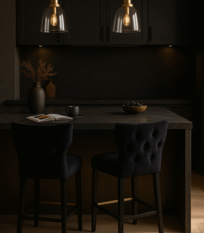 Amani Bar Stool. Black fabric bar stool. Upholstered stool. Rubberwood legs. Modern bar seating. Padded bar stool. Contemporary bar furniture. Metal footrest stool. Scandinavian style seating. Minimalist design.