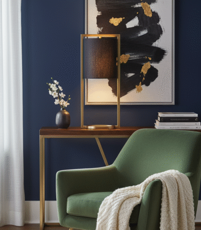 Azala Table Lamp. Matte Gold Table Lamp. Black Linen Shade Lamp. Contemporary Table Lamp. Modern Home Lighting. Sleek Metal Frame Lamp. Sledge Base Lamp. Side Table Lamp. Desk Lamp. Living Room Lamp. Bedroom Lamp. Boutique Style Lamp. Minimalist Lighting Feature. Elegant Home Accent Lamp. Functional Ambient Lighting.