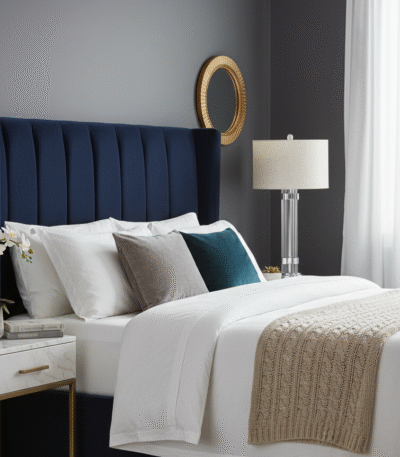 Azelina Table Lamp. Ribbed glass lamp. Silver metal base. Ivory fabric shade. Modern lighting. Contemporary table lamp. Elegant lamp décor. Neutral lighting accessory. Glass and metal lamp. Ambient lighting. Bedroom lamp. Living room table lamp. Designer lighting.