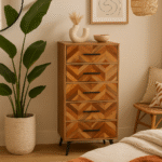 Bayur 5 Drawer Mango Wood Chest. Mango wood furniture. Chest of drawers. Black iron legs. Modern storage unit. Sustainable furniture. Industrial design. Bedroom storage. Contemporary chest. Rustic furniture. Scandinavian furniture. Natural wood finish.