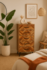 Bayur 5 Drawer Mango Wood Chest. Mango wood furniture. Chest of drawers. Black iron legs. Modern storage unit. Sustainable furniture. Industrial design. Bedroom storage. Contemporary chest. Rustic furniture. Scandinavian furniture. Natural wood finish.