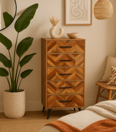 Bayur 5 Drawer Mango Wood Chest. Mango wood furniture. Chest of drawers. Black iron legs. Modern storage unit. Sustainable furniture. Industrial design. Bedroom storage. Contemporary chest. Rustic furniture. Scandinavian furniture. Natural wood finish.