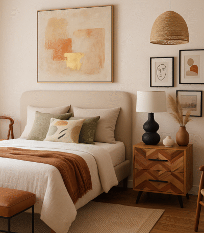 Bayur Mango Wood Bedside Table. Mango wood furniture. Modern bedside table. Black iron legs. Industrial design. Nightstand with storage. Contemporary furniture. Sustainable wood. Small space furniture. Bedroom accent table. Scandinavian bedside table.