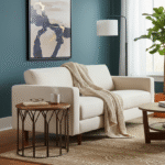 Bayur Mango Wood Round Side Table. Mango wood furniture. Round side table. Brown iron frame. Modern side table. Sustainable wood. Industrial accent table. Bohemian furniture. Scandinavian design. Natural wood finish. Eco-friendly table. Living room furniture.