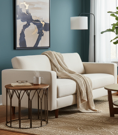 Bayur Mango Wood Round Side Table. Mango wood furniture. Round side table. Brown iron frame. Modern side table. Sustainable wood. Industrial accent table. Bohemian furniture. Scandinavian design. Natural wood finish. Eco-friendly table. Living room furniture.