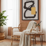 Bayur Mango Wood Side Table. Mango wood furniture. Round wood table. Black iron legs. Modern side table. Sustainable furniture. Rustic accent table. Industrial wood table. Compact side table. Scandinavian furniture. Eco-friendly wood table.