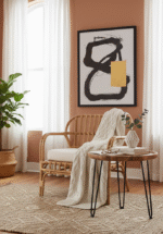 Bayur Mango Wood Side Table. Mango wood furniture. Round wood table. Black iron legs. Modern side table. Sustainable furniture. Rustic accent table. Industrial wood table. Compact side table. Scandinavian furniture. Eco-friendly wood table.