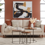 Bayur Nest of 3 Mango Wood Tables. Acacia wood furniture. Nesting tables. Brown iron frame. Natural wood tables. Modern accent furniture. Sustainable furniture. Industrial nesting tables. Compact space-saving tables. Living room furniture. Scandinavian design. Rustic wood furniture.