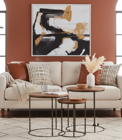 Bayur Nest of 3 Mango Wood Tables. Acacia wood furniture. Nesting tables. Brown iron frame. Natural wood tables. Modern accent furniture. Sustainable furniture. Industrial nesting tables. Compact space-saving tables. Living room furniture. Scandinavian design. Rustic wood furniture.