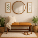 Cadenza Bench With Inverted Base. Tan leather bench. Teak wood base. Inverted V legs. Genuine leather upholstery. Nail head trim. Rustic modern bench. Luxury accent seating. Handcrafted furniture. Vintage-inspired design.