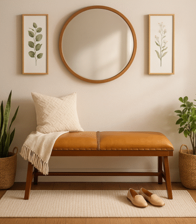 Cadenza Bench With Inverted Base. Tan leather bench. Teak wood base. Inverted V legs. Genuine leather upholstery. Nail head trim. Rustic modern bench. Luxury accent seating. Handcrafted furniture. Vintage-inspired design.