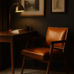 Cadenza Angular Chair. Tan leather armchair. Small and large sizes. Genuine leather upholstery. Solid teak wood frame. Metallic stud trim. Mid-century design. Modern accent chair. Handcrafted furniture. Luxury lounge seating.