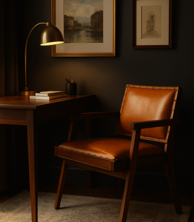 Cadenza Angular Chair. Tan leather armchair. Small and large sizes. Genuine leather upholstery. Solid teak wood frame. Metallic stud trim. Mid-century design. Modern accent chair. Handcrafted furniture. Luxury lounge seating.