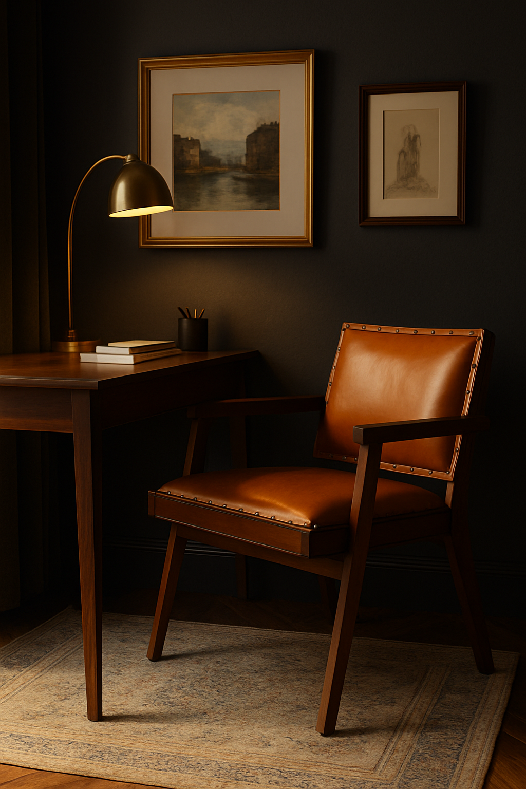 Cadenza Large Angular Chair Cadenza Angular Chair. Tan leather armchair. Small and large sizes. Genuine leather upholstery. Solid teak wood frame. Metallic stud trim. Mid-century design. Modern accent chair. Handcrafted furniture. Luxury lounge seating.