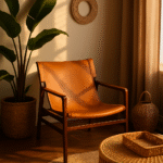 Cadenza Lounge Chair. Antique brown leather chair. Genuine leather sling seat. Solid teak wood frame. Modern rustic furniture. Timeless lounge chair. Natural materials. Mid-century chair. Luxury accent seating. Handcrafted furniture.