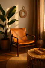 Cadenza Lounge Chair. Antique brown leather chair. Genuine leather sling seat. Solid teak wood frame. Modern rustic furniture. Timeless lounge chair. Natural materials. Mid-century chair. Luxury accent seating. Handcrafted furniture.